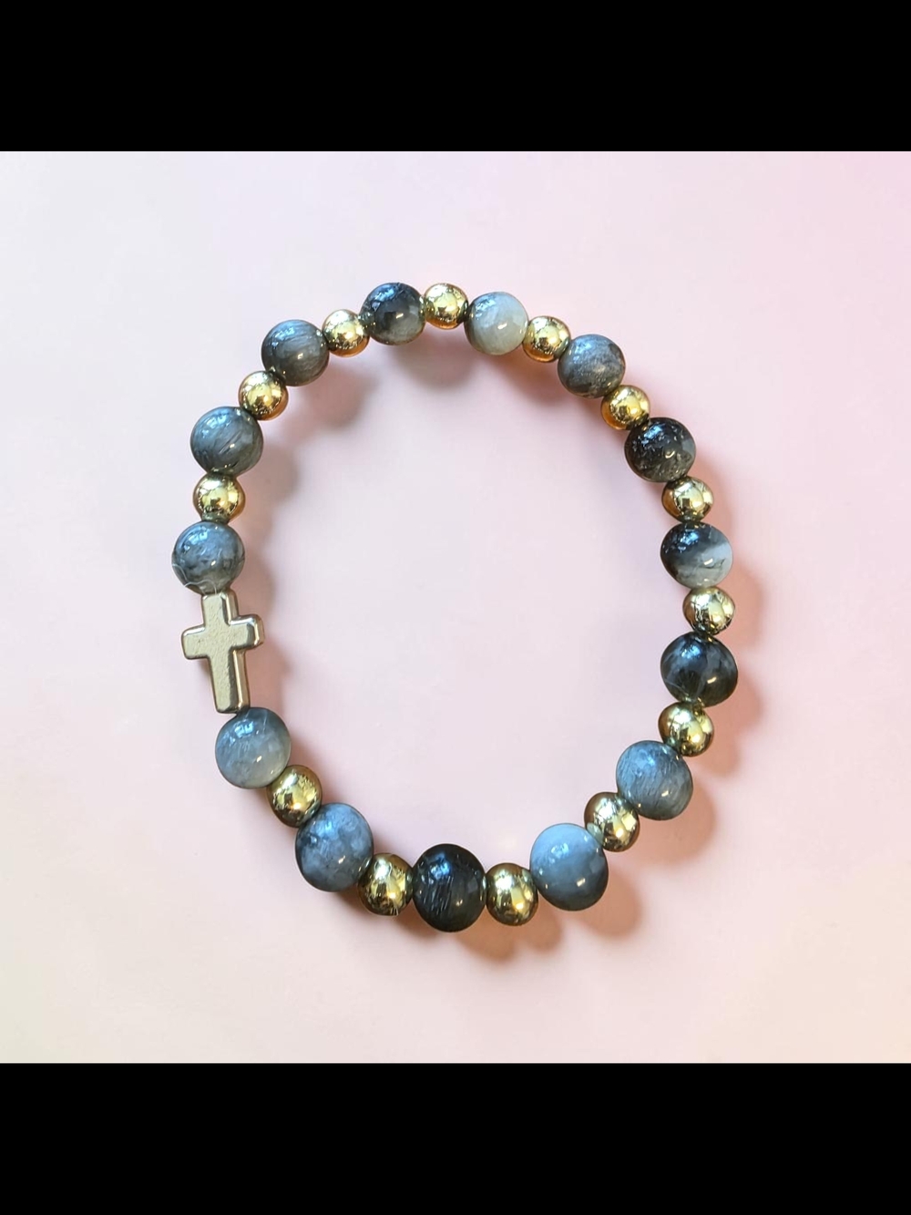 Handmade Gray Stone Cross Stretch Bracelet Gold Accent Beads NWT
